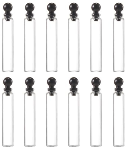 Happyupcity Lot de 12 mini flacons vides en verre transparent de 2 ml avec bouchons ronds noirs rechargeables pour échantillons de parfum, flacons de voyage pour huiles essentielles, liquides et