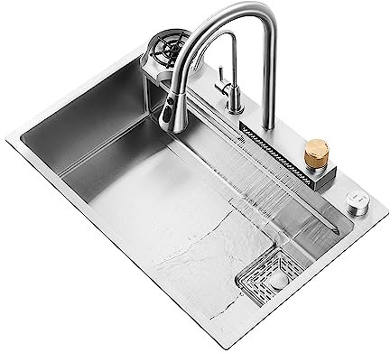 GLMGBP Fregadero de Cocina de Acero Inoxidable 304, Cascada, con Vaso de Vidrio, Lavadora, Grifo extraíble, estación de Trabajo empotrada, estación de Trabajo de Granja, tazón Simple, Barra bajo en