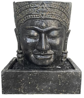 FaHome Fontaine Khmer - Bouddha cascade en pierre coulée - Dimensions (H x l x P) : 57 x 48,5 x 28 cm - Décoration de jardin relaxante de style asiatique