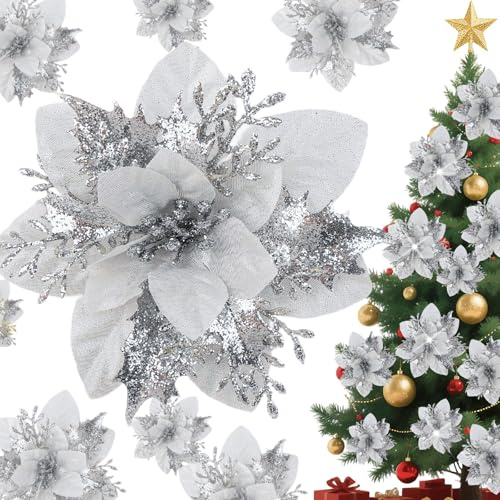 Silver Poinsettia Christmas Decorations, 16Pcs Glitter Christmas Poinsettia Flowers, Artificial Flowers With Clips for Christmas Tree Ornaments Party Wedding Decoration