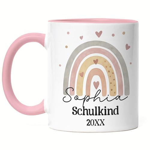 Kiddle-Design Schulkind 2026 Tasse Mädchen Personalisiert, Kleines Geschenk Einschulung Regenbogen Schulstart Schuleinführung mit Name & Jahr für Erstklässler - Tasse Weiß