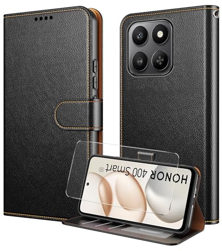 WQRTYJK für Honor 400 Smart Hülle,1*Panzer Schutz Glas Foli | Magne Klapphülle Handyhülle, 3 Kartenfach, RFID Blocker, Ständer,Verstärkt TPU, Premium Lederhülle, Schwarz