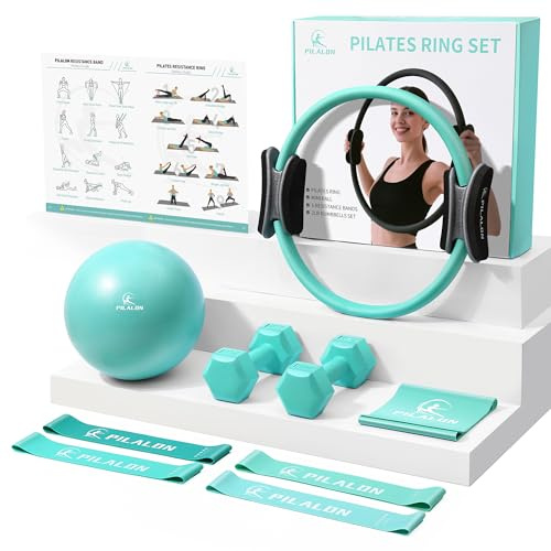 PILALON Pilates Ring Set - Studio-Grade Anti-Deformation Pilates Kit - Pilates Equipment for Home Workout - 14'' Pilates Ring, Pilates Ball, 2 Dumbbells, 5 Resistance Bands for Toning Arms, Thighs
