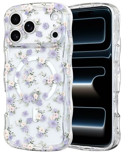 RALEAVO Magnetisch Hülle für iPhone 17 Pro Blumen Wellig Schutzhülle, Lila | Für iPhone 17 Pro Kompatibel mit MagSafe Magnetisch Hülle, Niedliche Blumen Lockige mit Harte PC Rücken Stoßfeste Handyhülle