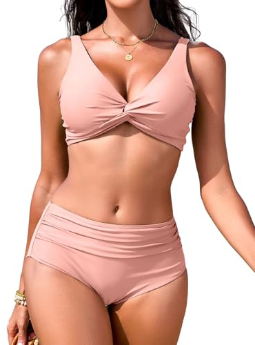 Nadeer Women's High Waisted Bikini Set Twist Front Two Piece Swimsuits V Neck Padded Bathing Suits Tummy Control Swimwear Pink