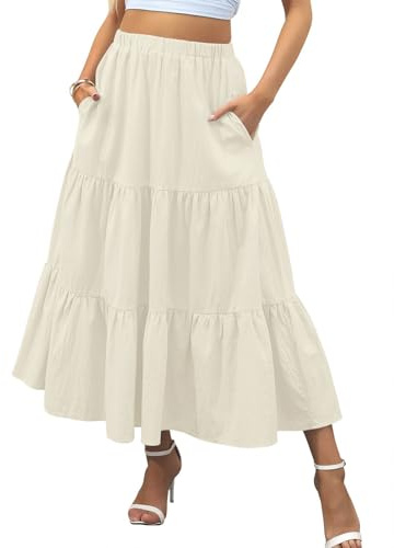 Zeagoo Rock Damen Sommer Lang Rock Hohe Taille Maxirock mit Taschen | Lange Rock Damen, Casual Einfarbige Röcke, Elastische Swing Midirock, Blumen Plisseerock, A-Linie Boho Damenrock S-XXL