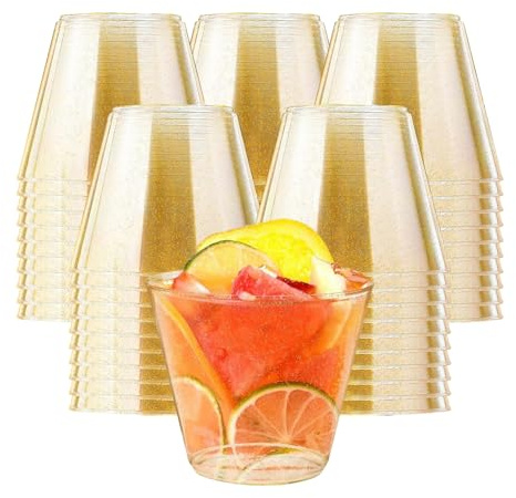 JUNJIEFU 50Pcs Clear Hard Plastic Cups with Gold Glitter, | 9oz Reusable Gold Party Cups, Gold Plastic Cups Perfect for Juice Beer Cocktail Soda Yogurt Dessert Ice Coffee Milkshakes