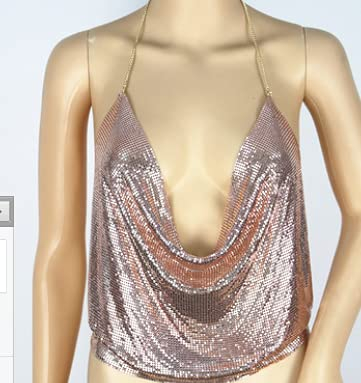 ZUMUii Butterme Damen Sexy Deep V Kette Halter Ärmellos Backless Metall Weste Sequin Crop Top Club Wear (Rose Gold)