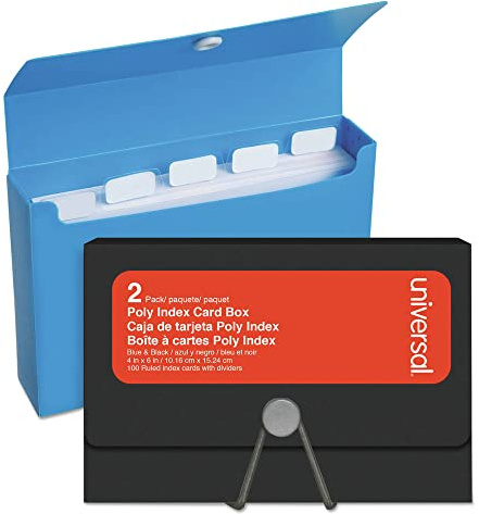 Universal Poly Index Card Box, Holds 100 4 X 6 Cards, 4 X 1.33 X 6, Plastic, Black/Blue, 2/Pack