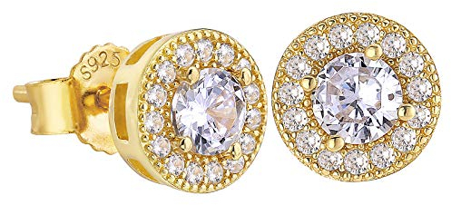 KRKC&CO Ohrstecker Silber 925 Damen, Runde Ohrringe 14K Gold beschichtet, Iced Out Ohrschmuck mit Zirkonia Steine Weiß, allergiefreie Ohrringe, Geschenk für Frauen Mädchen, 7,5mm