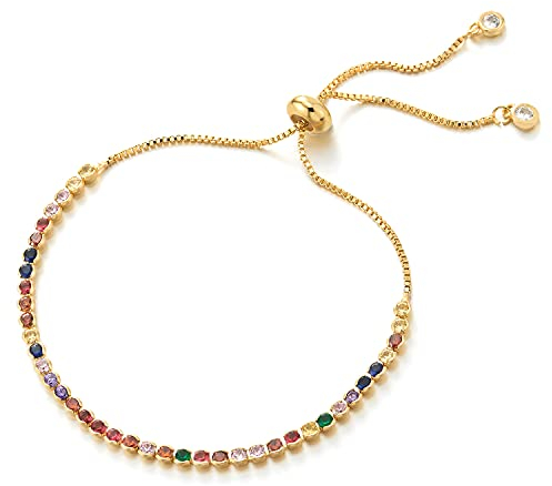 COOLSTEELANDBEYOND Exquisiten Damen Bunter Zirkonia Pflastern Pave Goldfarben Box-Ketten Gliederkette Armband, Verstellbare