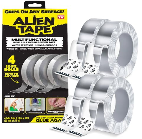 Alientape 4 Rollen Nano Doppelseitiges Klebeband, Mehrzweck-Abnehmbarer Kleber, transparente Griffe, waschbar, stark, strapazierfähig, für Teppich, Fotorahmen, Poster, Dekoration aus dem Fernsehen