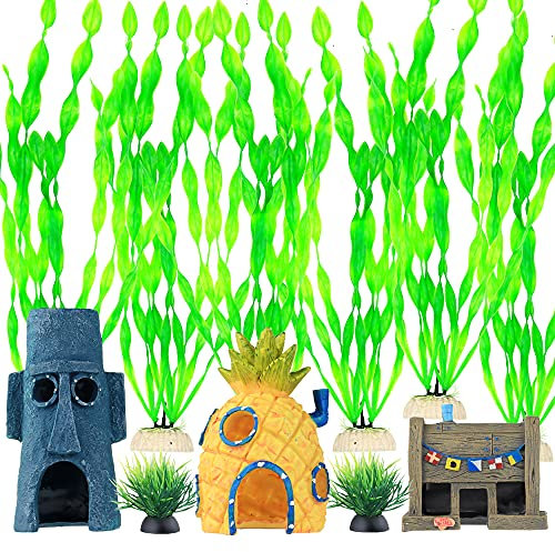 BEGONDIS 23 Pcs Aquarium Decorations Fish Tank Artificial Green Water Plants with Resin Ornamnet, Accessories Ornament Kit