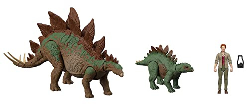 HHK91 Jurassic World: A New Age Legacy Collection Dr Sarah Harding with Large and Small Stegosaurus Dinosaur, Authentic and Articulated Figures, 9.5 cm, Age 4+