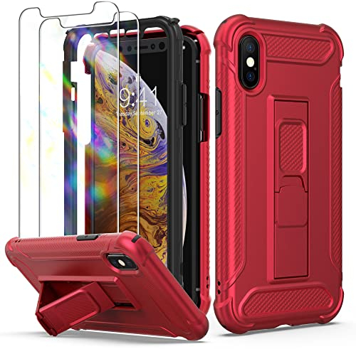 ORETECH Designed for iPhone X Case, iPhone XS Case, and [2 x Tempered Glass Screen Protectors] [Heavy Duty Protection] [Kickstand & Phone Holder] 5 in 1 Full Body Shockproof Protective Cover - Red