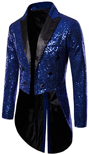 Dubute Smokingjacke Herren Schwalbenschwanz Glänzende Pailletten Blazer Anzug Jacke Slim Fit Party Magic Show Frack Cosplay Kleid Blazer Mäntel, dunkelblau, 52