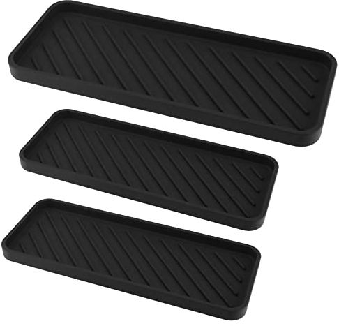 JEUIHAU 3 Pack Silicone Sink Tray, 2 Size Silicone Tray Bathroom Silicone Sink Organiser for Kitchen, Bathroom and Bar, Black 12 inch 9 inch