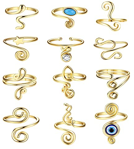 JeryWe 12 Pcs Bague Orteil Femme Anneau Ouvert Réglable Toe Ring Knuckle Ring Anneau de Queue Ouvert Minimaliste Evil Eye CZ Bague De Bande Bijoux d'Été Aux Pieds Nus Or