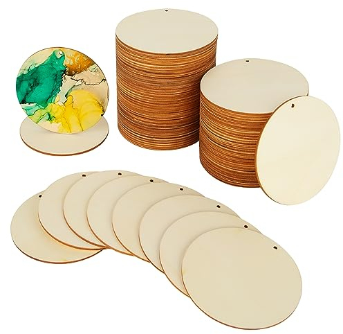 SENENQU 100er Pack Runde Holzscheiben mit Loch 10 cm - Runde Holzscheiben 10 cm Durchmesser - 2.5 mm Dick Holzplatte Rund - Holzplatte Rund Ausschnitte für Untersetzer & zum Basteln