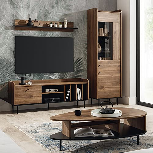 Wohnwand mit 150 cm Lowboard, Vitrinenschrank, Wandboard und Couchtisch moderner Vintage Stil in Eiche Nb.
