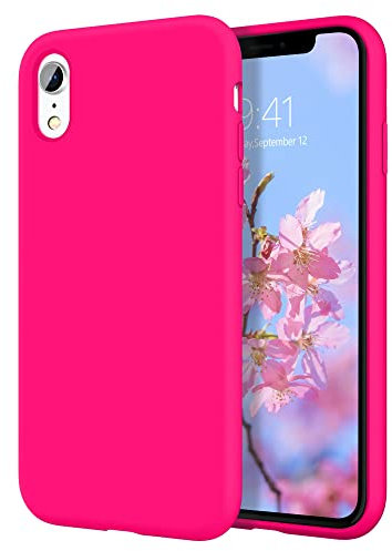 DOMAVER Case for iPhone XR Case Liquid Silicone Slim Lightweight Smooth Soft Gel Rubber Microfiber Lining Cushion Texture Cover Protective Shockproof Phone Cases for iPhone XR Hot Pink