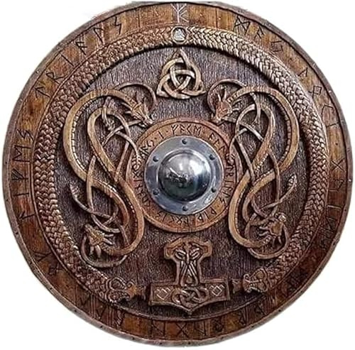 ALFA NAUTICAL Mittelalterlicher Krieger Wikingerschild aus Holz, rund, Drachengesicht, Wikinger-Sammlerstücke, 61 cm, Schild, Heimdekoration, Geschenkartikel, Braun