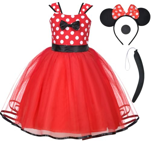 ACWOO Ragazza Minnie Pois Abito da Principessa Costumes, 4 Pezzi Vestito Minnie Bambina con Naso, Fascia per Orecchie, Coda, Vestito Bambina per Cosplay, Carnevali, Halloween, Natale