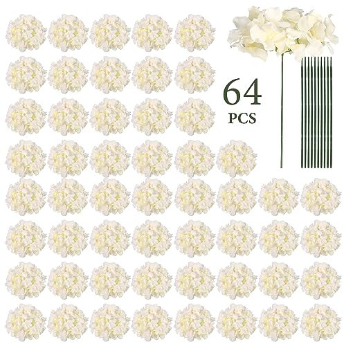 Auihiay 64pcs Silk Hydrangea Artificial Flowers, Champagne Artificial Hydrangea Flowers with Stems, for Wedding Centerpieces, Home, Garden, Party Decoration