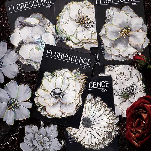 Kireida® 80 Stück Blumen Aufkleber, Weiße Blume, mit Goldenen Holografischen Konturen,Perfekt für Scrapbooking, Bullet Journals, Planer, Laptops, Wasserflaschen(Groß)
