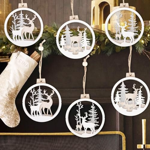 Wooden Reindeer Ornaments - 6Pcs 3-Layer Farmhouse Decor for Christmas Tree & Festive Events