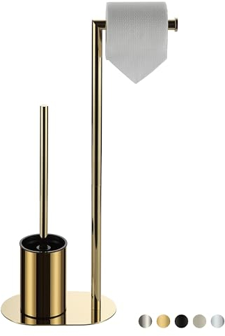BVL Gold Toilet Roll Holder with Stainless Steel Free Standing Brush and Paper Holder