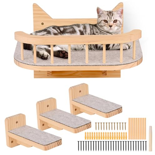 Hamaca de Pared para Gato Con 3 Escalones, Mueble Con Cubierta de Peluche, Rascador para Jugar, Escalar y Dormir