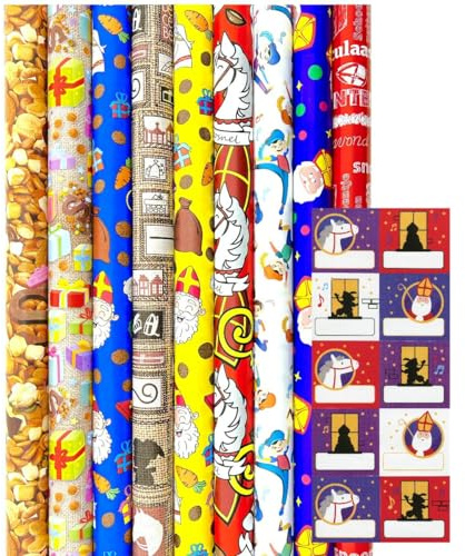 Benza Sinterklaas Geschenkpapier - Schneeflocke - 300 x 70 cm - 3 Rollen mit Namensaufklebern für Weihnachten