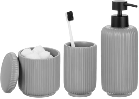 mDesign 3-teiliges Badezimmer-Zubehör aus geriffeltem Kunstharz – Seifenspender, Becher und Behälterhalter – komplette moderne Ästhetik – Set mit 3 Stück – Grau
