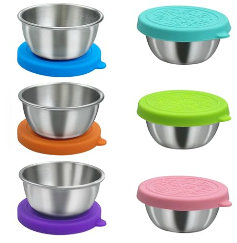 Lot de 6 petits récipients à condiments en acier inoxydable avec couvercles pour sauce, trempettes, crème glacée - 50 ml