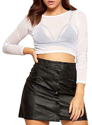 WEAR THE FASHION Womens Long Sleeve Sheer Mesh Crop Top Ladies Plain Crew Neck Stretched Cropped Top Cream