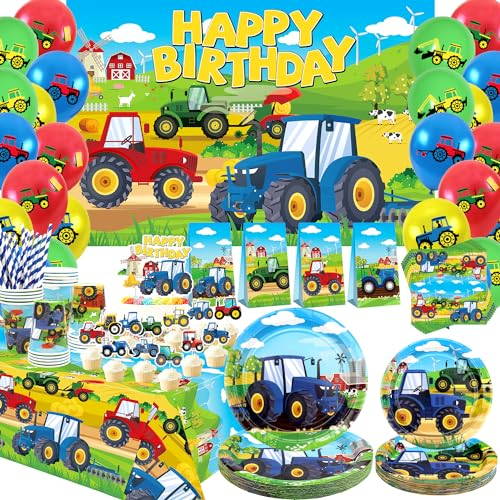Tractor Birthday Party Supplies - Farm Tractor Party Decorations, Plates Cups Napkins Tablecloth Backdrop Balloons Cake Toppers for Farm Tractor Decor, Serves 20