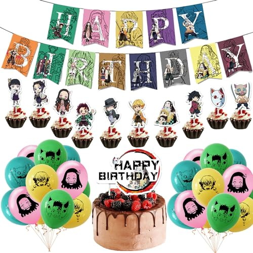 36 Pzs Decoración Cumpleaños, Pancartas Feliz Cumpleaños, Globos Cumpleaño, Cupcakes Topper, Decoracioes Partido, Decoraciones Cumpleaño Temática Anime para Niños y Niñas