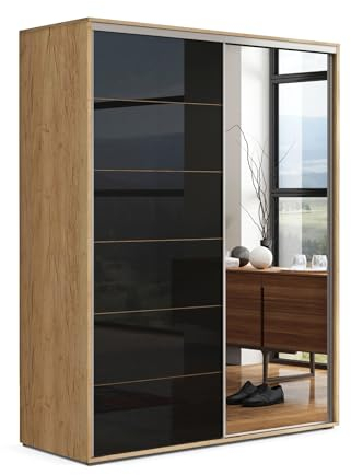 BM-Möbel Großer Kleiderschrank mit Schiebetür aus Glas/Lacobel und Spiegel - mit Einlegeböden und Kleiderstange für Garderobe - 2-türig - Craft Gold, Lacobel Schwarz - 125 X 62 X 215 cm (B/T/H)