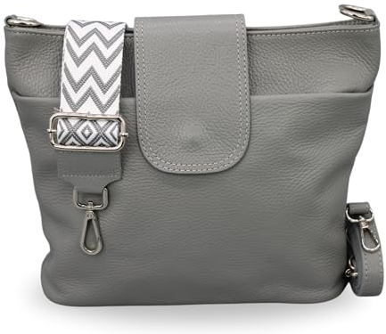 BRISE Umhängetasche Damen Echtes Leder ELLIE Handgemachte Crossbody Bag mit Ledergurt + Optionalen Breiten Gemusterten Riemen 6 Fächer Wasserdichte Schultertasche Made in Italy (Grau - 2)