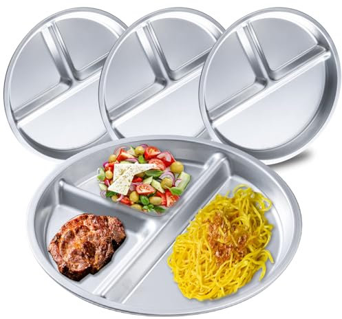 BEWBBAT 4 Pack 304 Stainless Steel Divided Plate, 8 Inch 3 Section Round Divided Plates Portion Control Plates Partition Plate for Adults, Camping, Picnic, Home