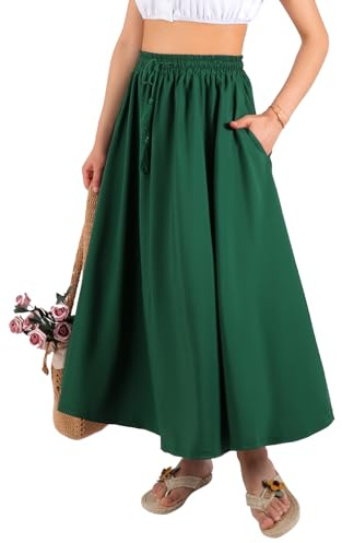 BALAYSIER Gonna Lunga Donna con Tasche e Coulisse Regolabile Gonne Lunghe Estive Gonna in Stile Bohémien per Il Casual la Spiaggia Le Feste(Verde,L)