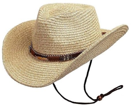 GEMVIE Men and Women Summer Cowboy Hat Crushable Western Straw Cowgirl Hat with Windproof Rope Straw Sun Hats Beige