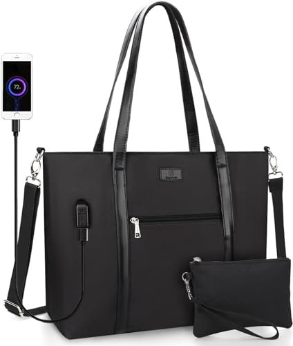 Twofold Laptop Tote Bag for Women, 17.3 Inch Laptop Shoulder Bag Large Handbags with USB Charging Port, Waterproof Nylon Teacher Bag with Wristlet Wallet Computer Tote Bag, Black