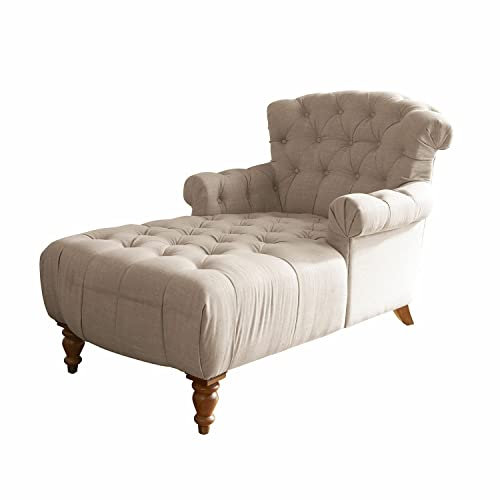 Loberon Chaiselongue Springfield Village, Edle Chesterfield-Steppung, Gedrechselte Füße, Bequeme Polsterung, Sitzmöbel, Kiefernholz, Kautschukholz, Leinen, beige/braun