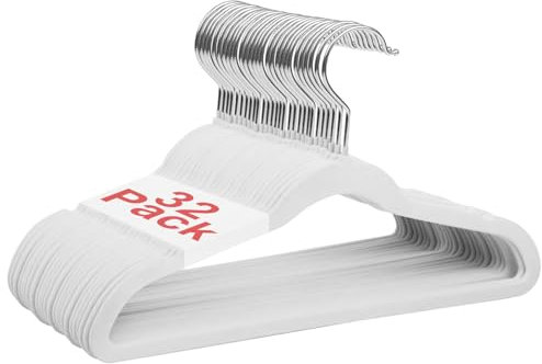 Wellong Grucce Velluto, 35cm Grucce per Bambini con Ganci Girevoli a 360°, Grucce di Velluto Antiscivolo per Camicie, Pantaloni, Gonne, Abiti, Giacche, Cappotti 32 Pezzi (Bianco)