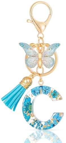 MWOOT Letter Keychain Initiale Schlüsselanhänger Buchstabe C,Alphabet Harz Blume Key Chain mit Schmetterling Quaste Anhänger Handtasche Geldbörse Charm,Blau Blütenblatt Keyring für Frauen (C)