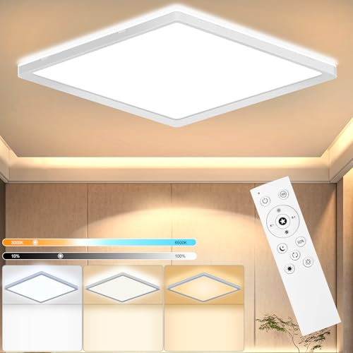 RDGOOD Plafón LED regulable con mando a distancia, 18 W, 1800 lm, luz de techo LED regulable 3000-6500 K, panel plano para dormitorio, salón, habitación infantil, cocina, sótano, pasillo, balcón, 22 x