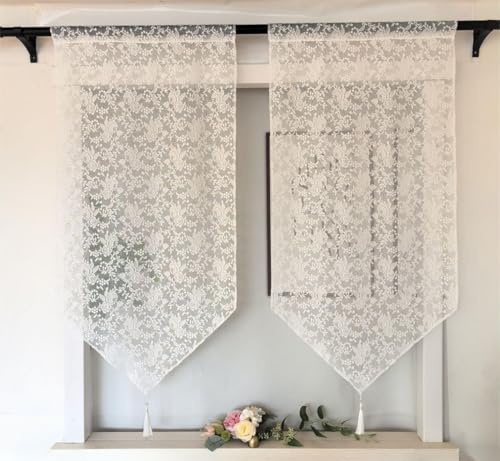 Vordesack Jacquard Panneaux mit Quaste Spitzenvorhang 2er Set HxB 100x60cm | Scheibengardine mit Stickerei Floral-Motiv Bistro Fensterbehang für Glastüren Küche & Bad Landhausstil Gardine mit Tunnelzug