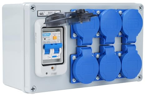 Distributore di corrente da costruzione 16A Distributore a parete con interruttore FI 1P+N da 63A Distributore 16A con 6 prese (distributore di corrente da 2 poli 250V) IP54 Impermeabile.